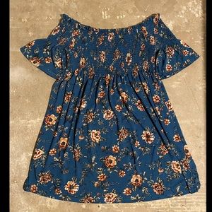 Off-Shoulder Blue Floral Dress